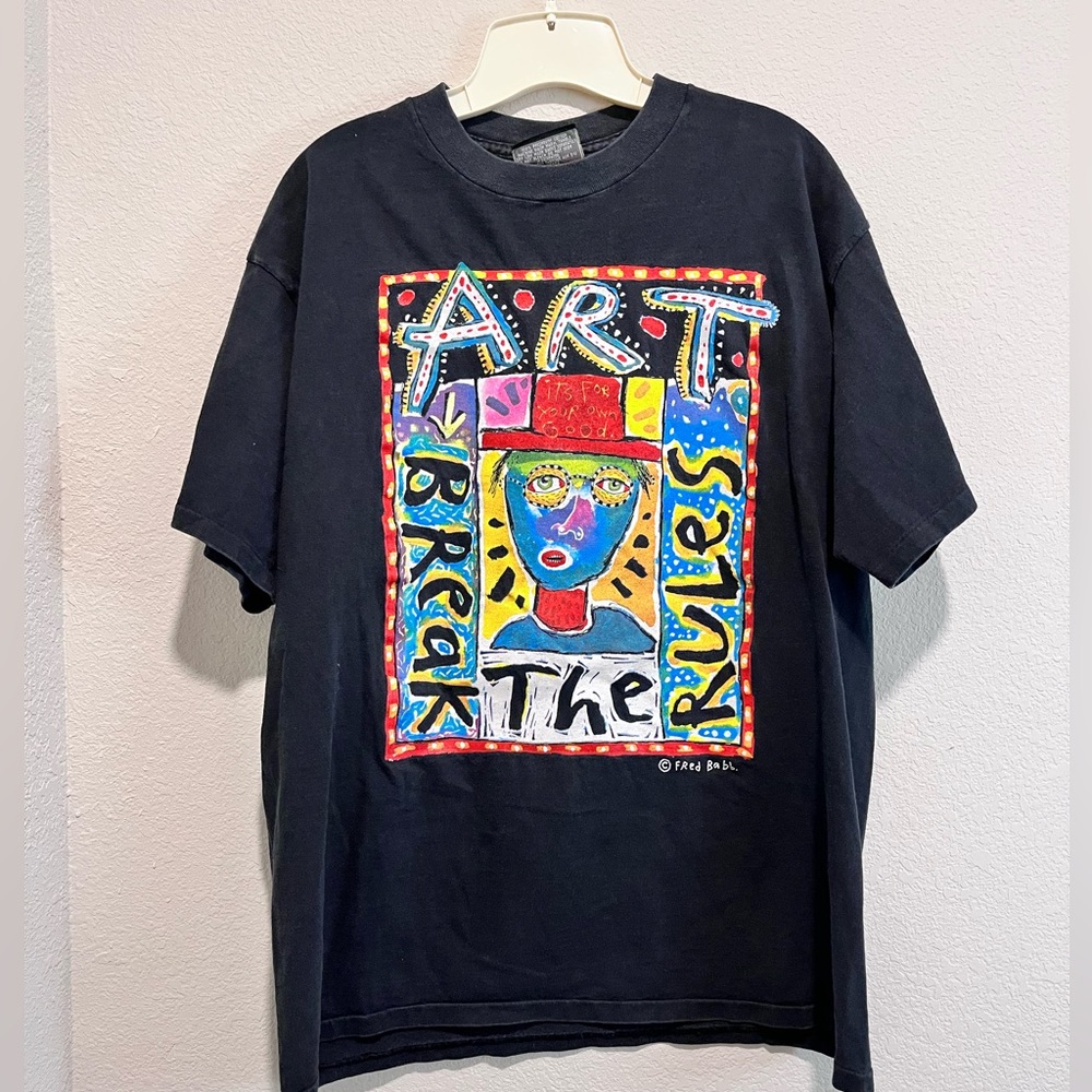 Vintage Black 1980’s Fred Babb Art Break the Rules Graphic T-Shirt XL